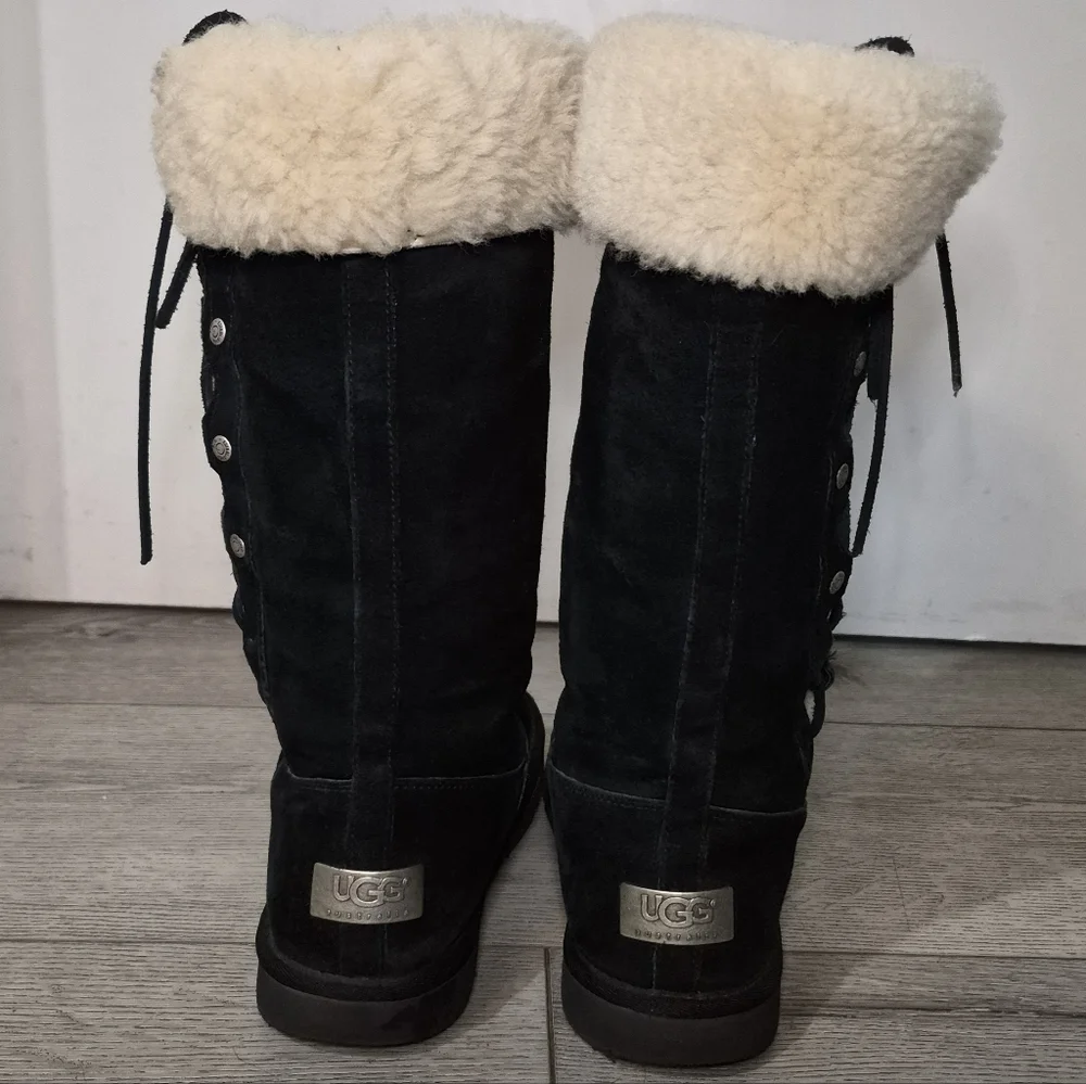 UGG Australia Upside 5163 Black Suede Tall Lace Up Shearling Boots Size 7